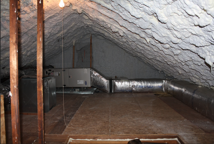 Spray foam insulation installed near gas components in an attic