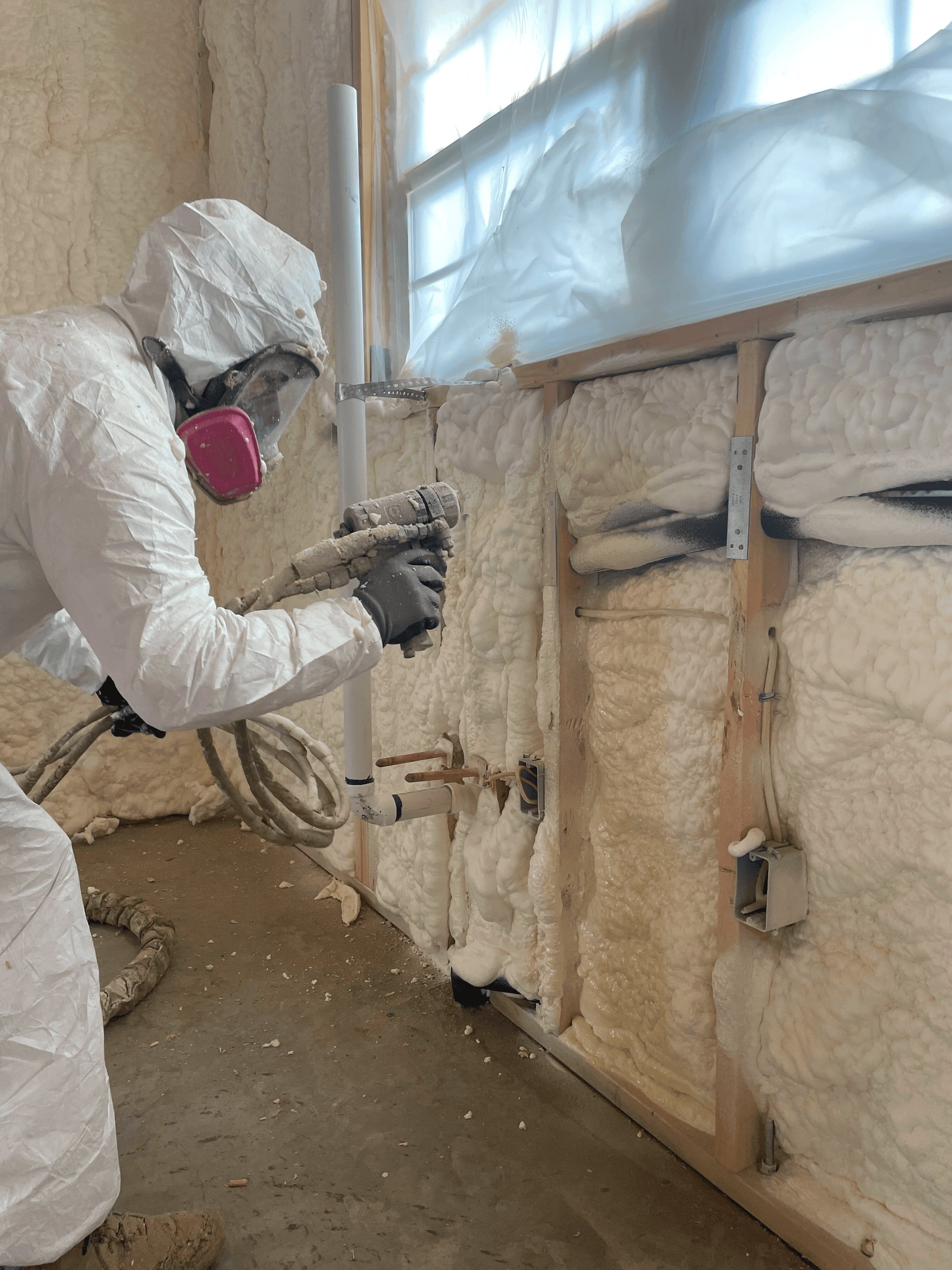 Spray foam insulation applied inside a shed