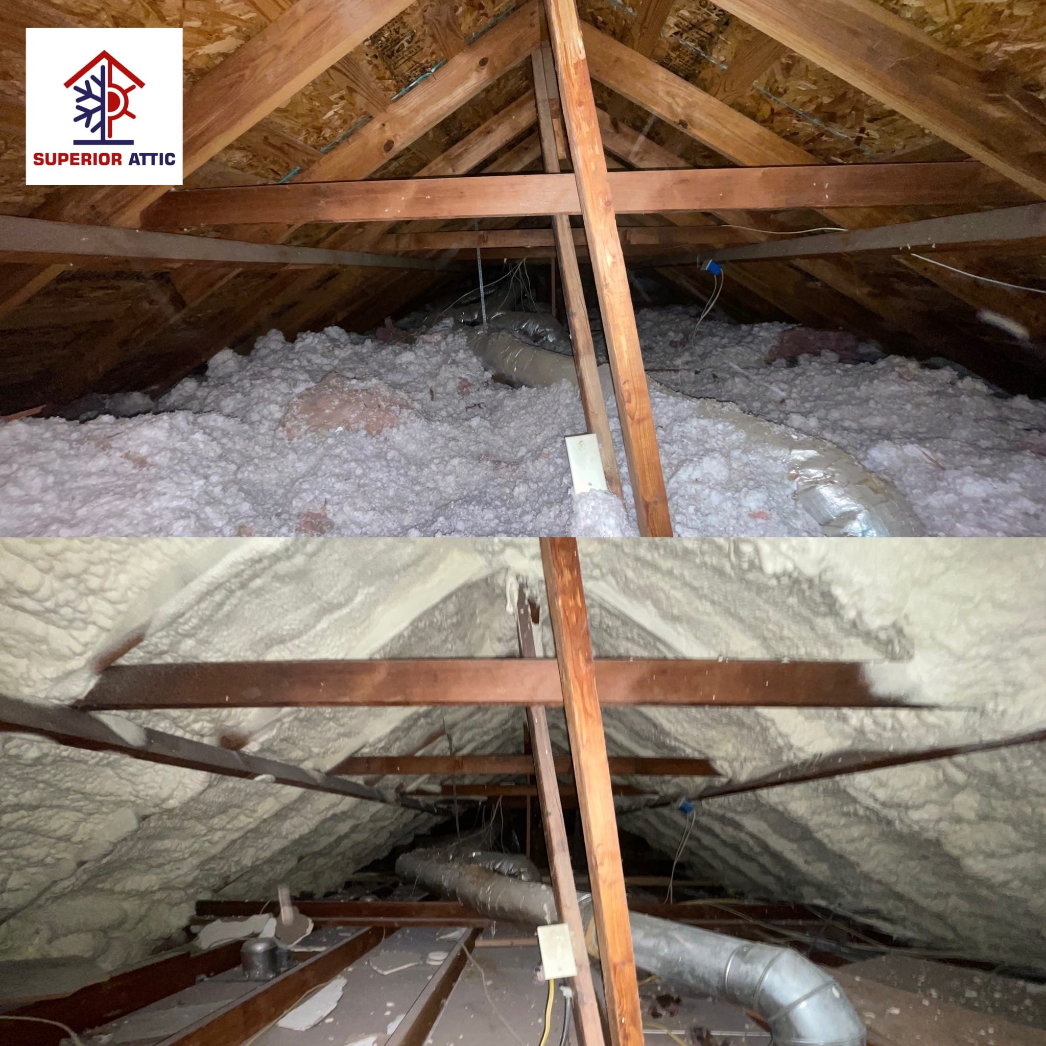 Spray foam insulation compared to blown-in insulation in an attic